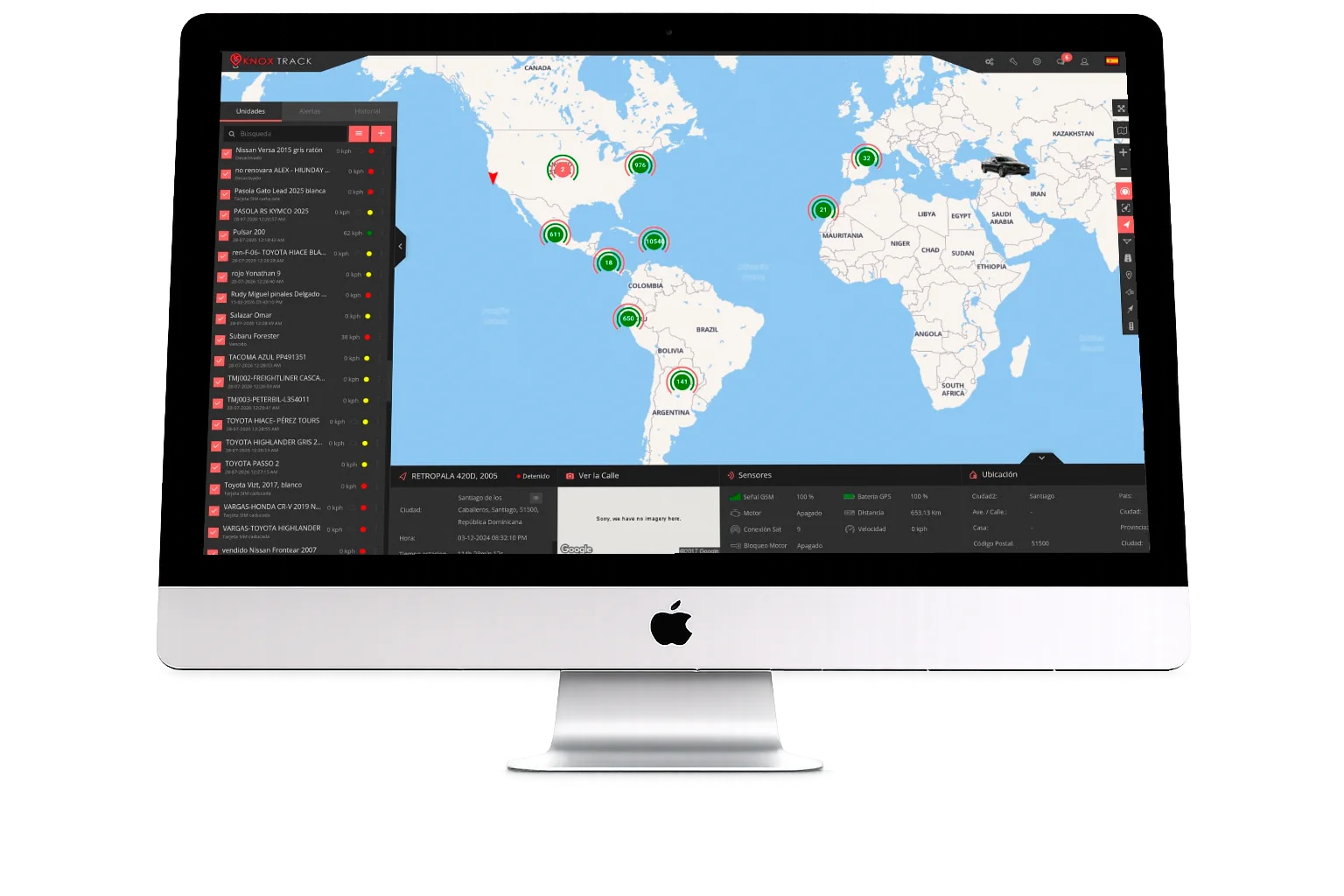 Knox Mobile: rastreo desde celular mostrando el mapa mundial de rastreo GPS en tiempo real