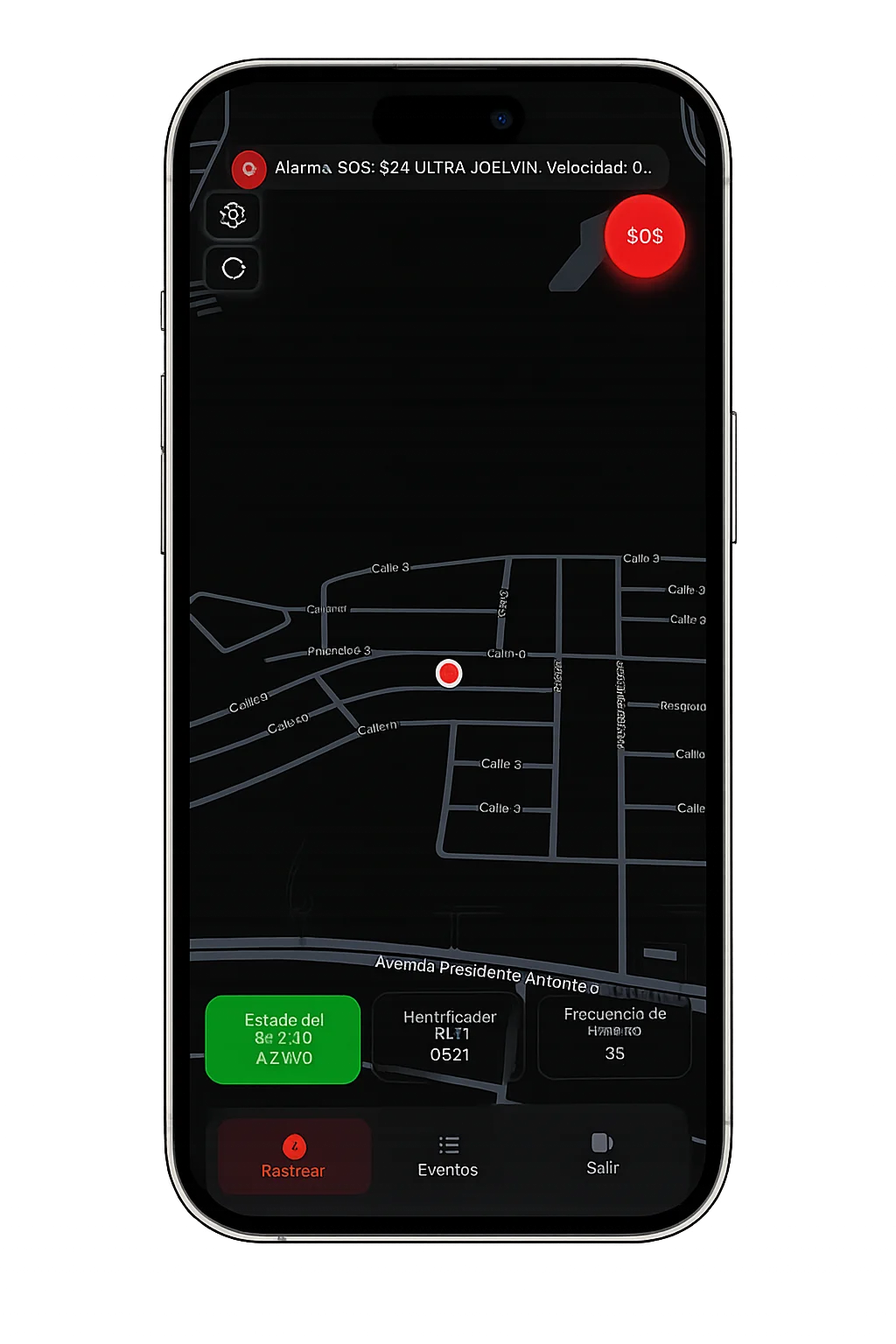 Vista móvil de KnoxTrack: rastreo y alarma SOS desde la app en el celular